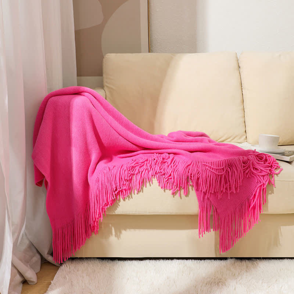 Grof Gebreide Plaid met Franjes – Zachte Acryl Chunky Knit Deken voor Bank & Bed, 12 Kleuren, 2 Maten Rozerood