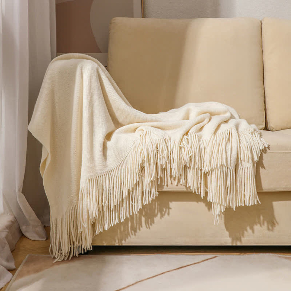 Grof Gebreide Plaid met Franjes – Zachte Acryl Chunky Knit Deken voor Bank & Bed, 12 Kleuren, 2 Maten Naturel
