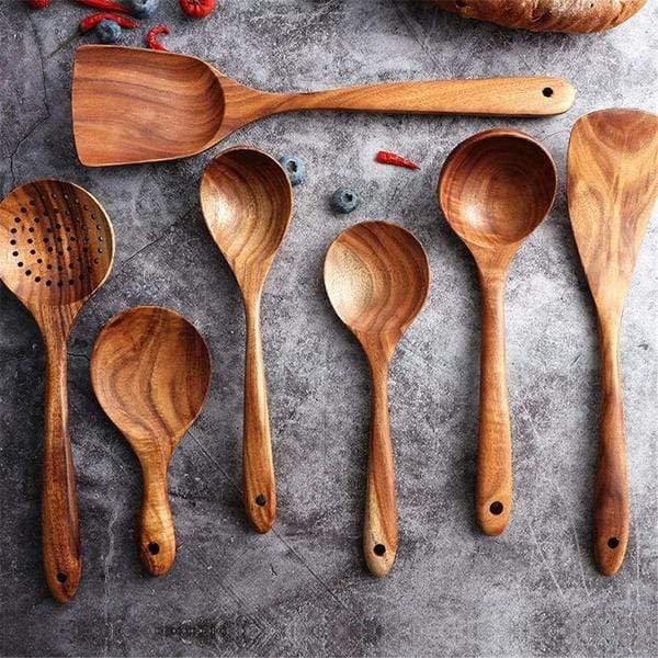 Natuurlijke Houten Keukenset – Rustiek Houten Kookgerei, Set van 4 of 7 Stuks – RustiCook