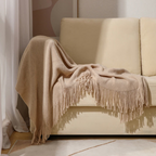 Grof Gebreide Plaid met Franjes – Zachte Acryl Chunky Knit Deken voor Bank & Bed, 12 Kleuren, 2 Maten Beige
