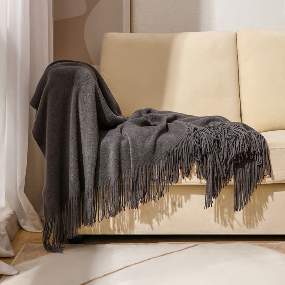 Grof Gebreide Plaid met Franjes – Zachte Acryl Chunky Knit Deken voor Bank & Bed, 12 Kleuren, 2 Maten Zwart
