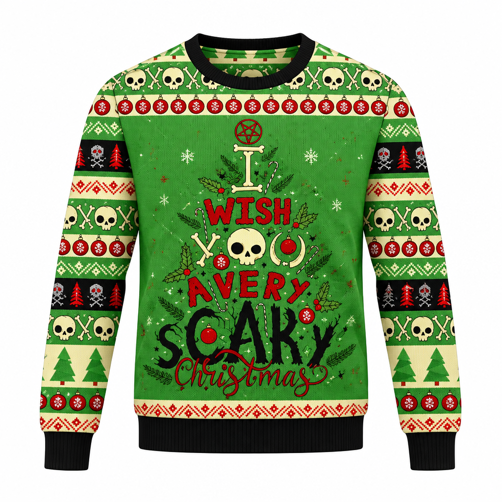 GrungeFest Kersttrui – Foute Kersttrui Heren met Doodskopprint, Trui in Grunge-look, S–5XL – Ranches Groen