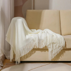 Grof Gebreide Plaid met Franjes – Zachte Acryl Chunky Knit Deken voor Bank & Bed, 12 Kleuren, 2 Maten Wit