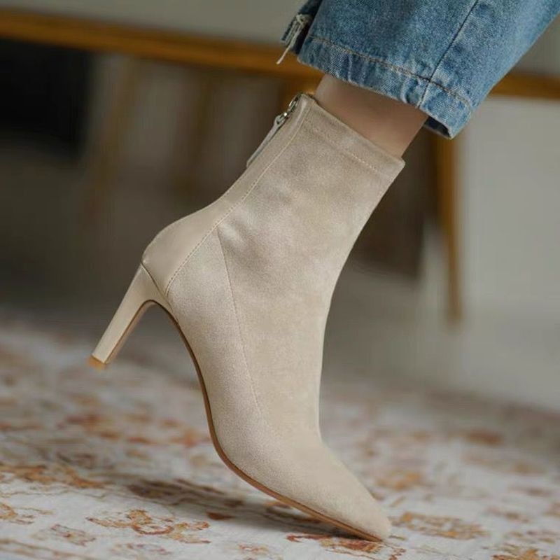 Enkellaarsjes Dames Rits Spitse Neus Naaldhak Beige