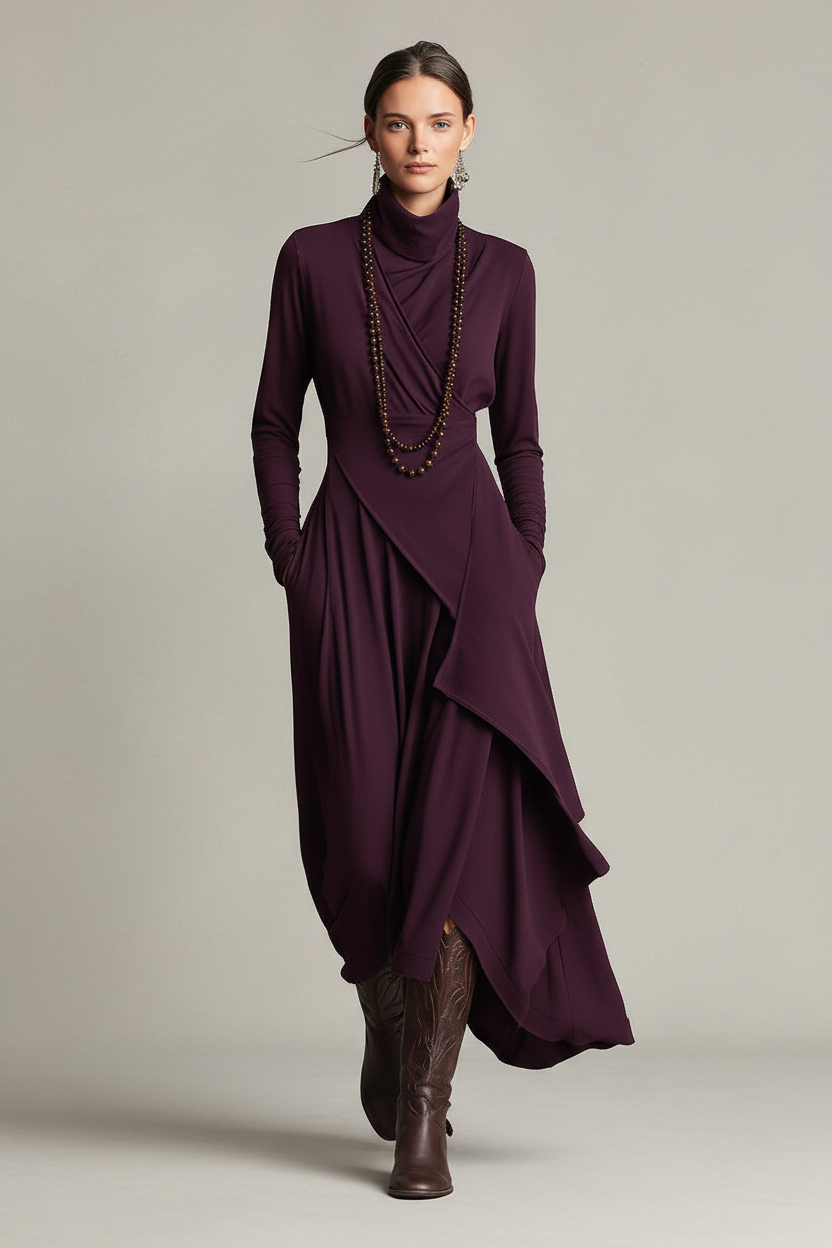 Ava | Dames Lange Jurk - Boheemse Katoenstretch met Lange Mouwen