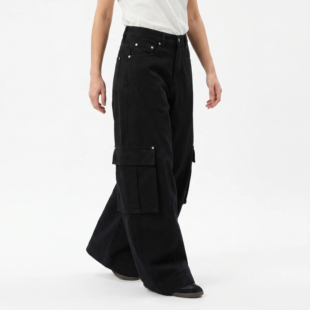 Baggy Broek met Wijde Pijpen – Vintage Wide Leg Broek, Oversized Streetwear, Zwart of Bruin, S–3XL – Faye Zwart