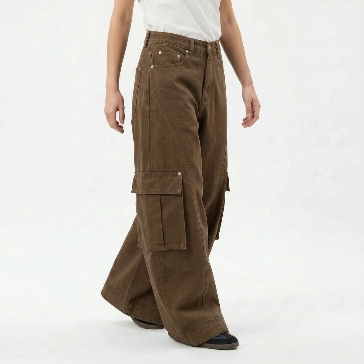 Baggy Broek met Wijde Pijpen – Vintage Wide Leg Broek, Oversized Streetwear, Zwart of Bruin, S–3XL – Faye Bruin