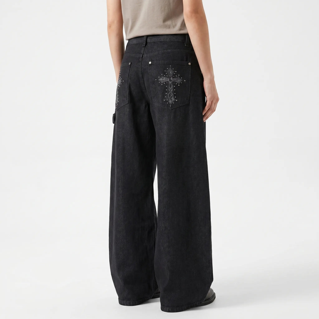 Baggy Broek met Wijde Pijpen – Wide Leg Jeans met Kruismotief & Studs op de Achterzakken, Grunge Streetwear, S–2XL – Jo