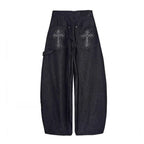 Baggy Broek met Wijde Pijpen – Wide Leg Jeans met Kruismotief & Studs op de Achterzakken, Grunge Streetwear, S–2XL – Jo 2XL