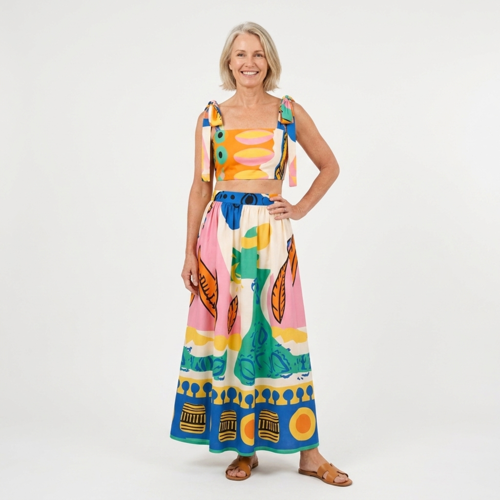 Bedrukte crop top en maxi rok set — tweedelig — zomervakantie Meerkleurig