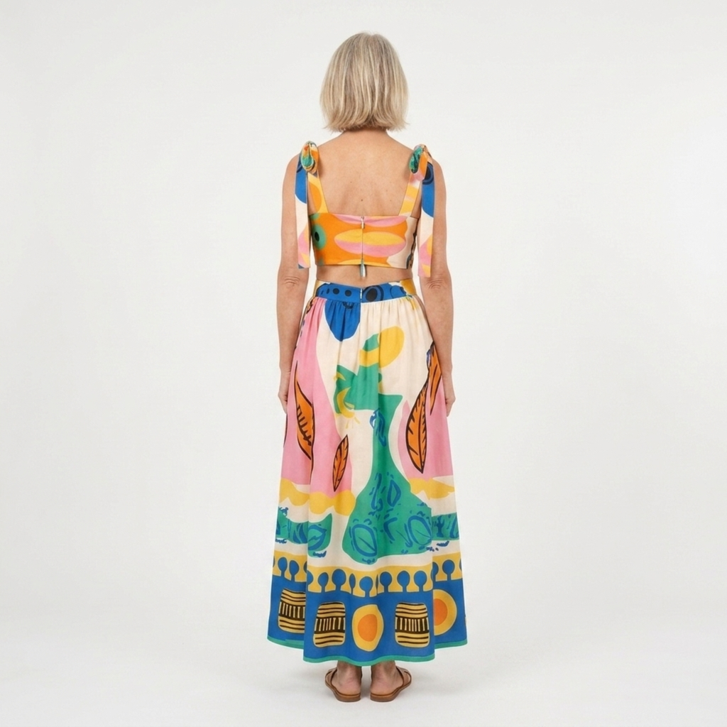 Bedrukte crop top en maxi rok set — tweedelig — zomervakantie