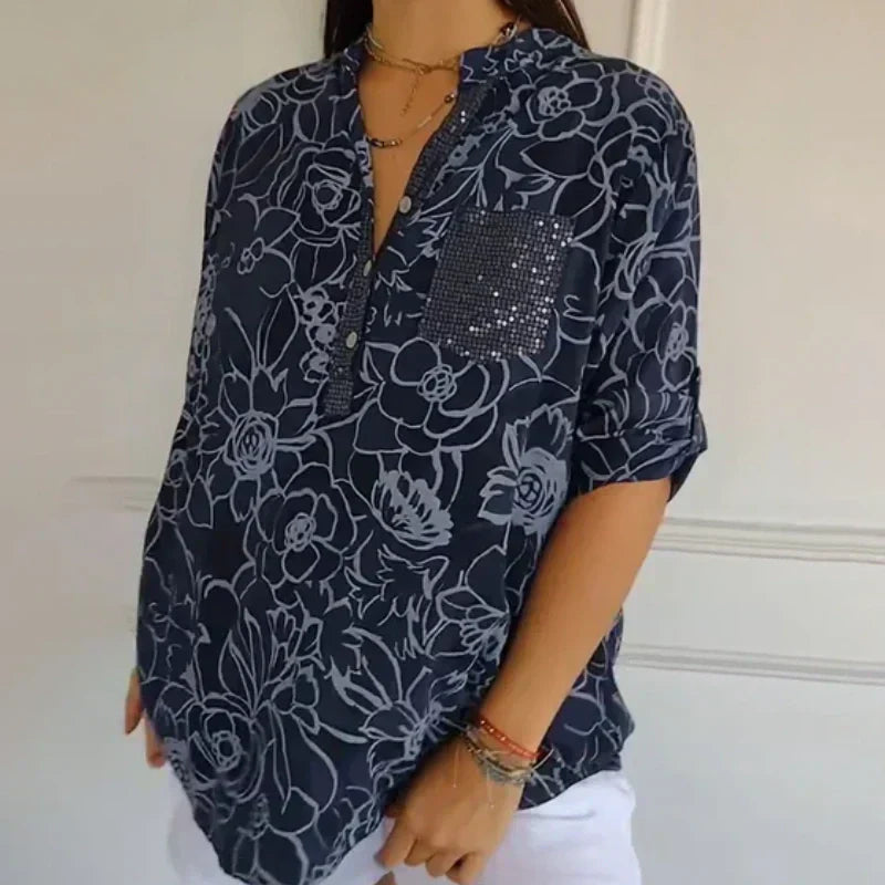 Amara | Blouse Dames - Bloemenprint Pailletten