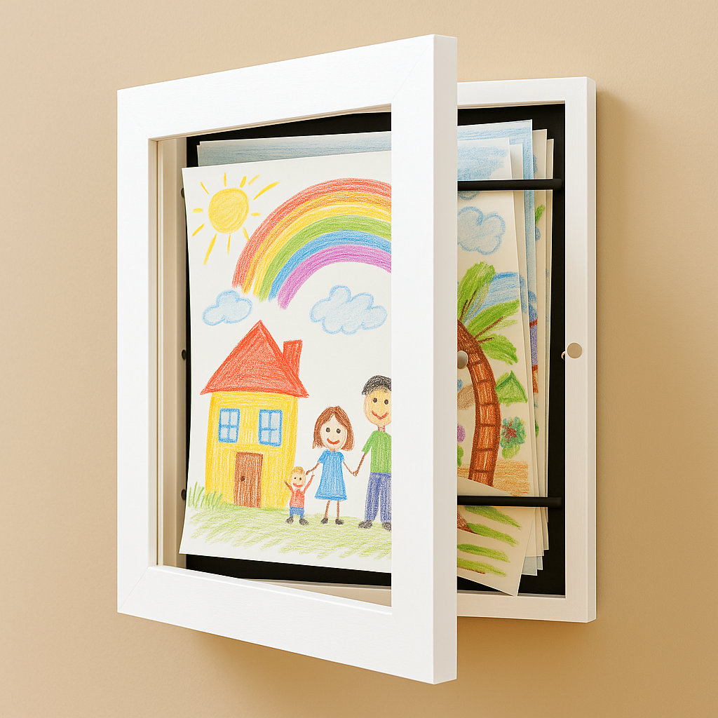 Kinderkunst Wissellijst A4 / A3 – Houten Wissellijst voor Kindertekeningen, Bewaart 150 Tekeningen, 6 Kleuren Wit