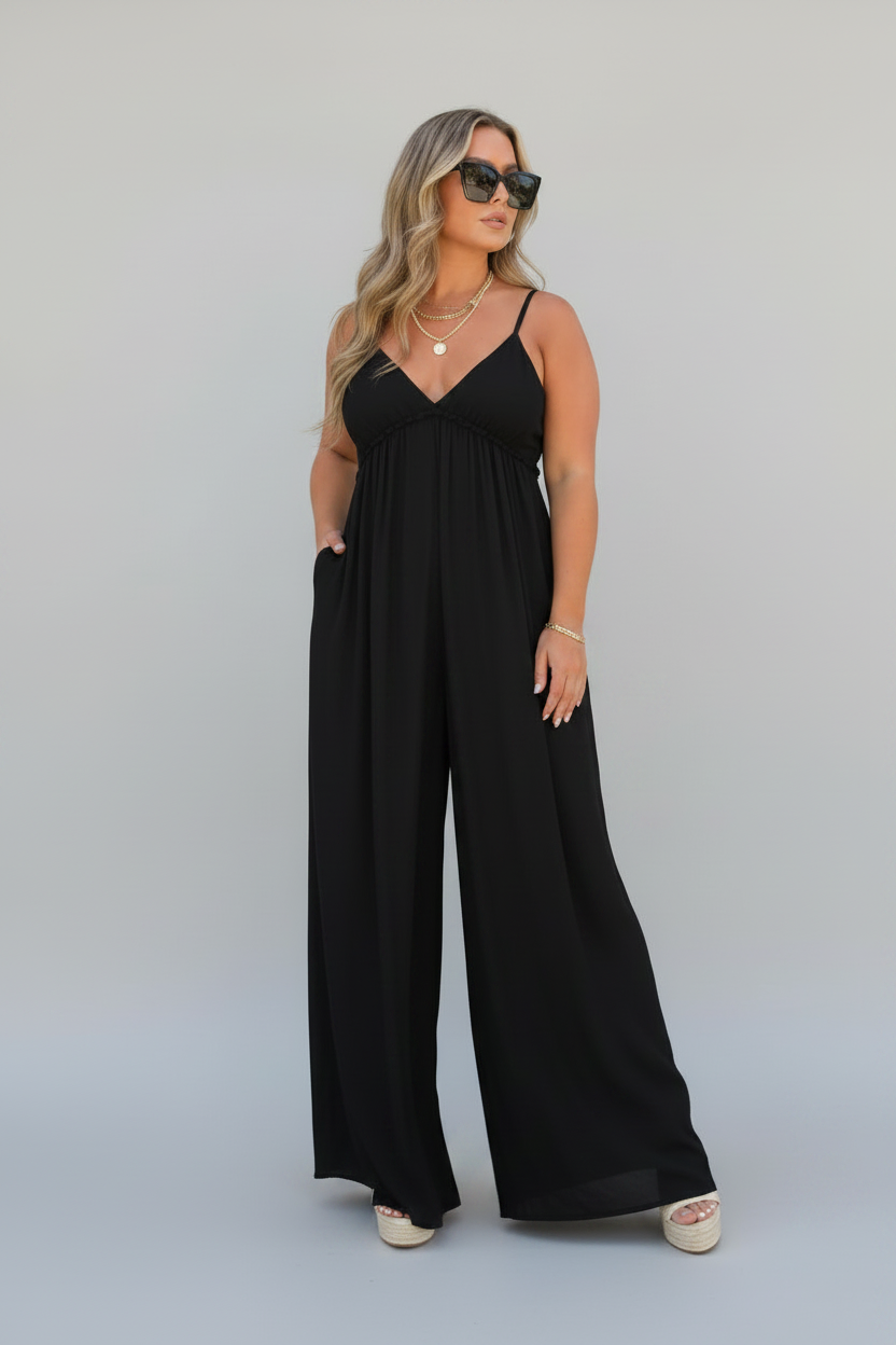 Isolde | Jumpsuit Dames - Zwart - Wijde Pijpen V-hals