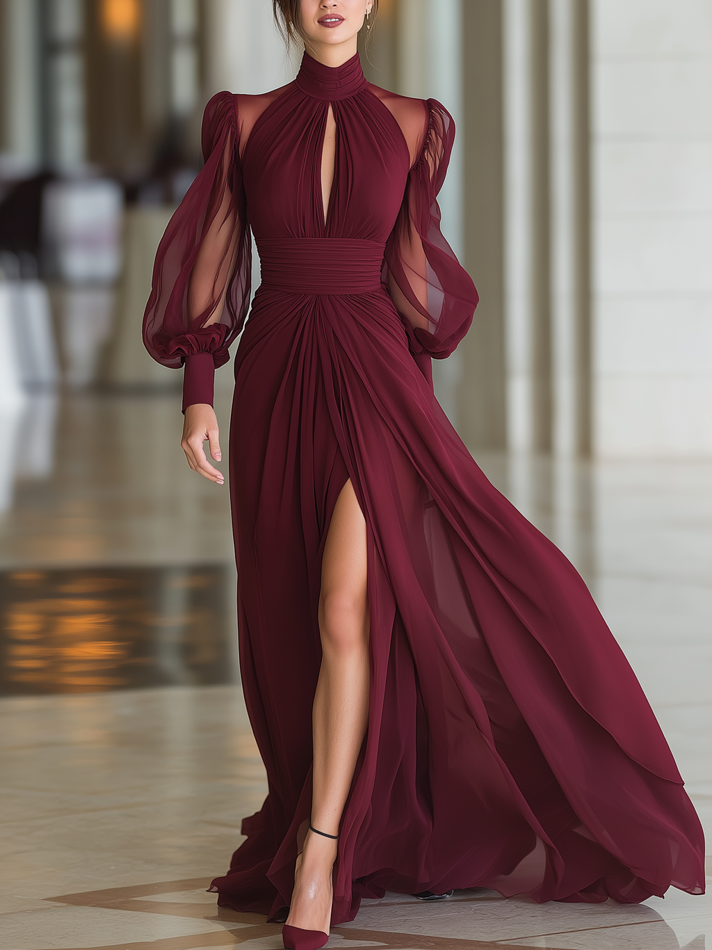Rosa | Bordeaux Lange Jurk Dames - Chiffon, Hoge Hals met Pofmouwen 2XL
