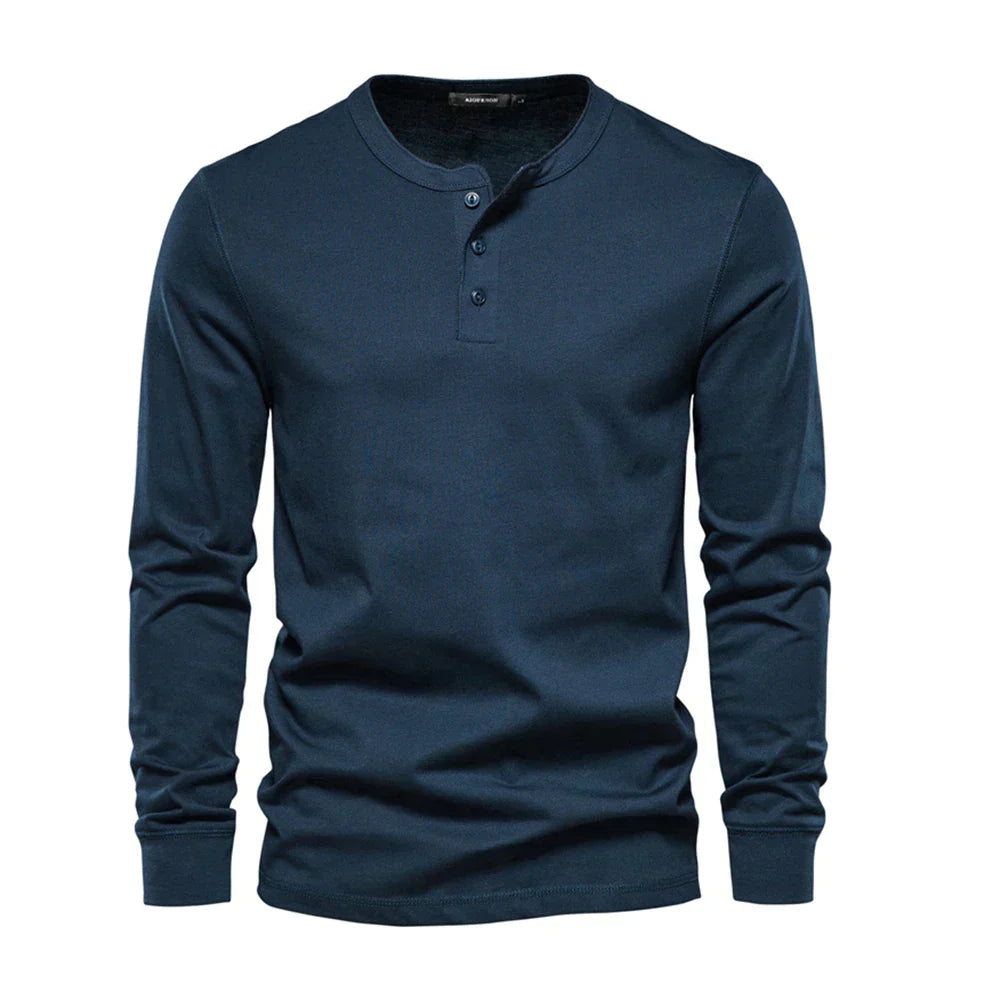 Henley Shirt Heren Lange Mouwen Comfortabel Marineblauw