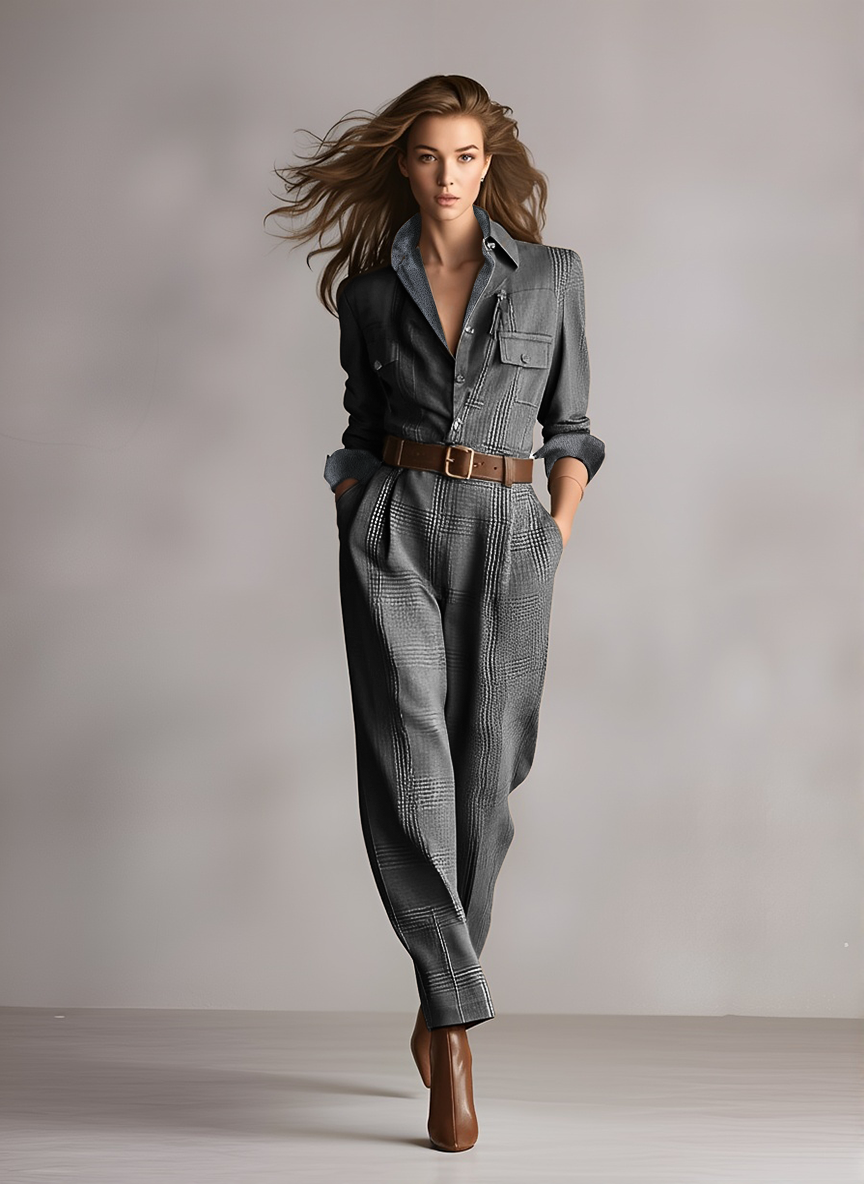 Brianna | Dames Jumpsuit - Luxe Tweed, Geruit Patroon (Zonder Riem) Grijs