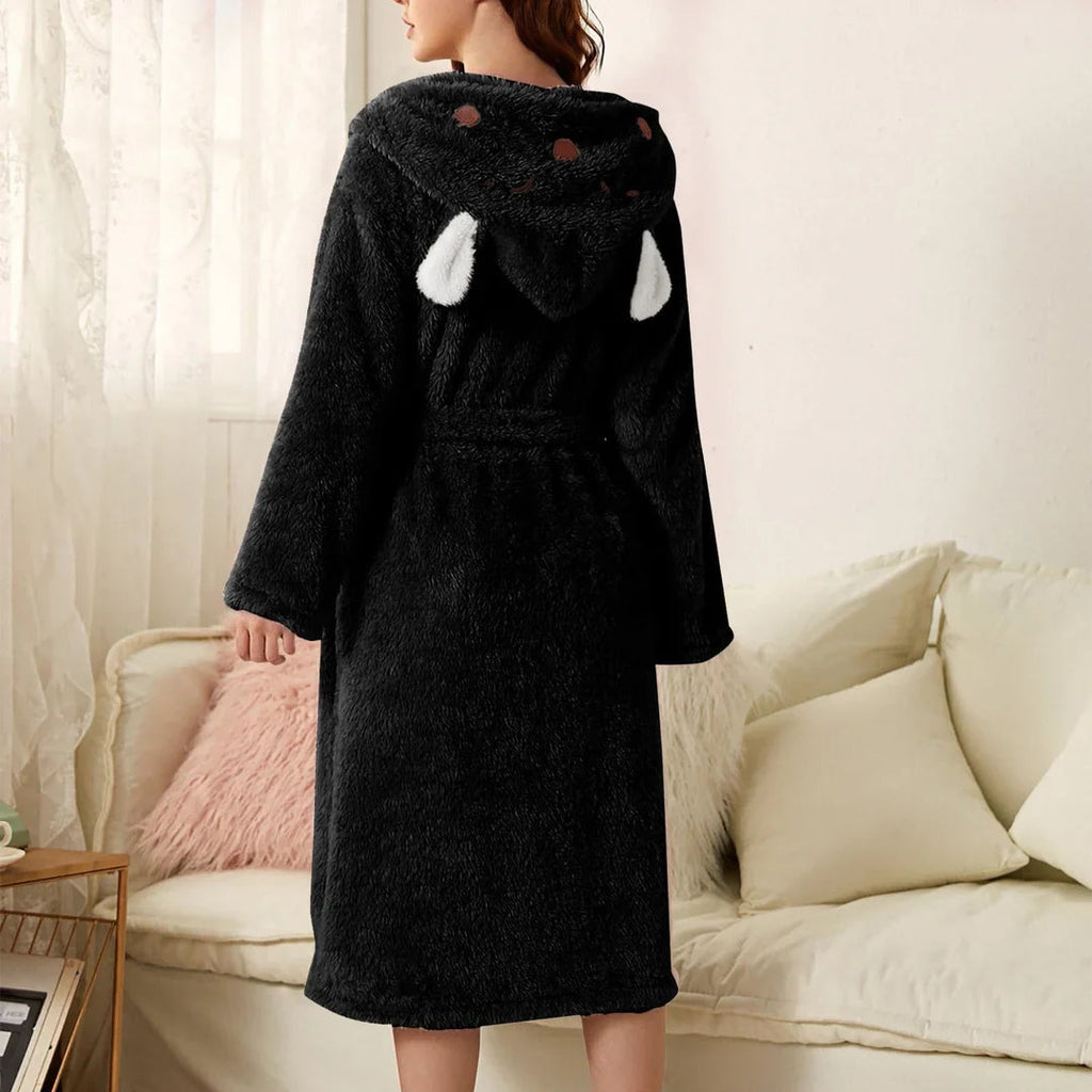 Aurelia | Badjas Dames - Flanel - Met Capuchon Zwart
