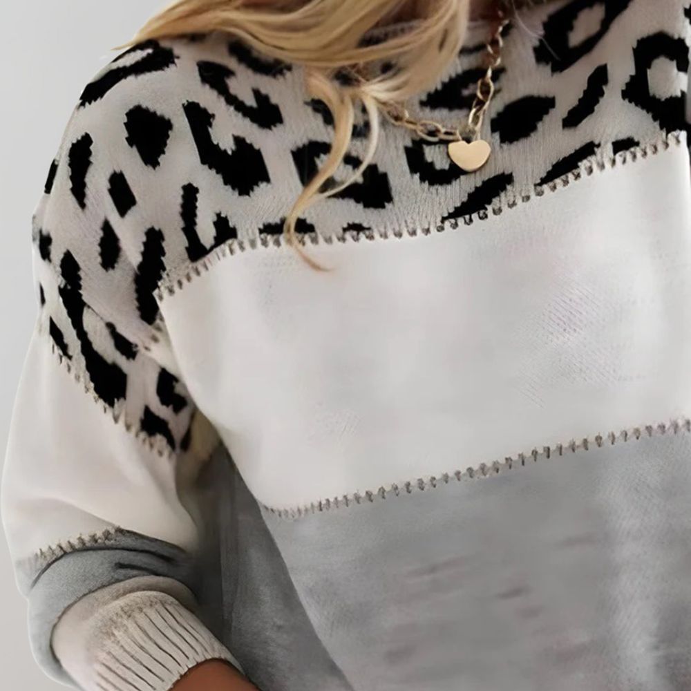 Isana | Zachte Dames Gebreide Trui met Colour-Block en Luipaardprint - Trendy Panterprint Pullover met Kleurvlakken