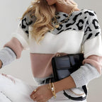 Isana | Zachte Dames Gebreide Trui met Colour-Block en Luipaardprint - Trendy Panterprint Pullover met Kleurvlakken