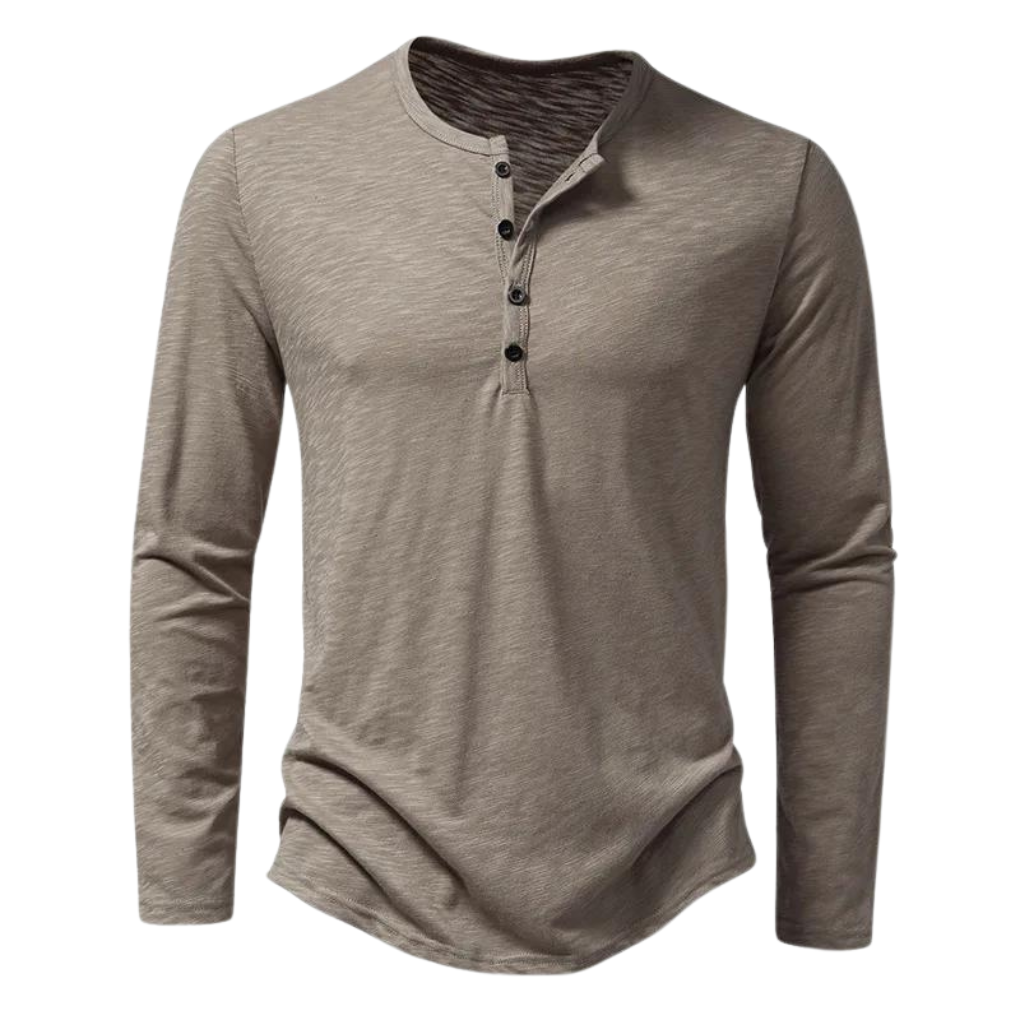 Henley Shirt Heren Lange Mouwen Knoopsluiting Khaki