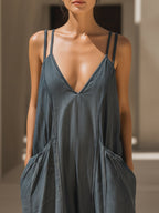 Yvaine | Jumpsuit Dames - Chambray - V-hals Dubbele Bandjes Zakken