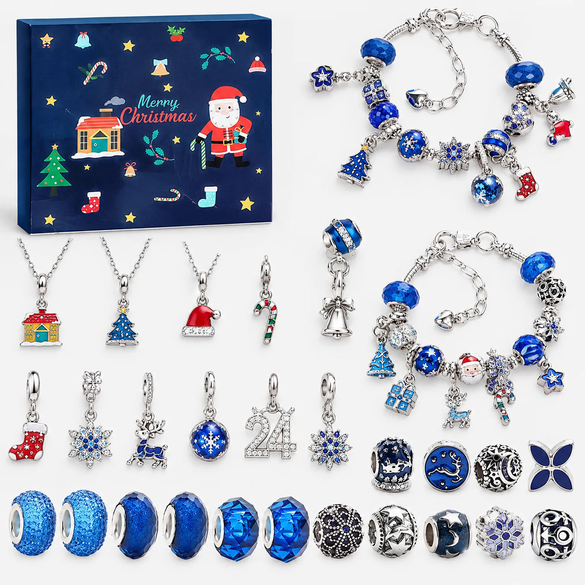 Bedelarmband Adventskalender – 2 Verzilverde Armbanden & 22 Bedels en Kralen, Sieraden Adventskalender voor Meisjes, 9 Ontwerpen Ontwerp H