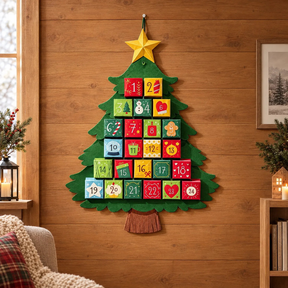 Adventskalender Kerstboom om op te Hangen – Kerstboom met 24 Doosjes om te Vullen, 61,5 x 49 cm, Herbruikbaar