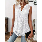 Cleo | Dames Blouse - Witte Bloemenprint met Kant, Mouwloos