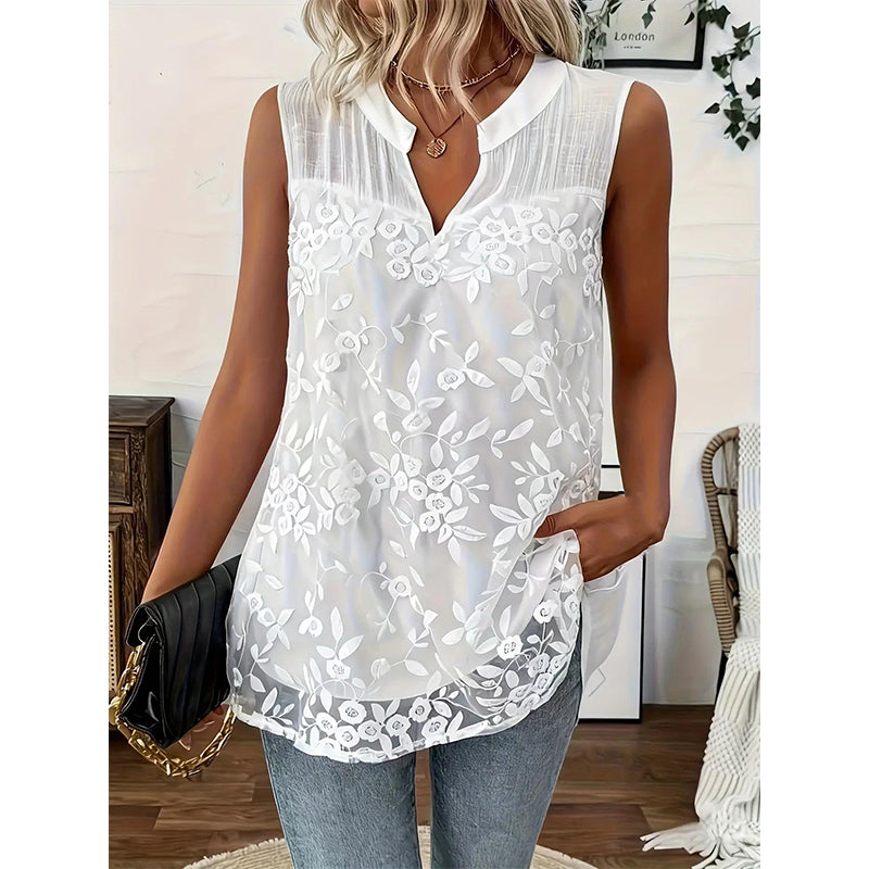 Cleo | Dames Blouse - Witte Bloemenprint met Kant, Mouwloos