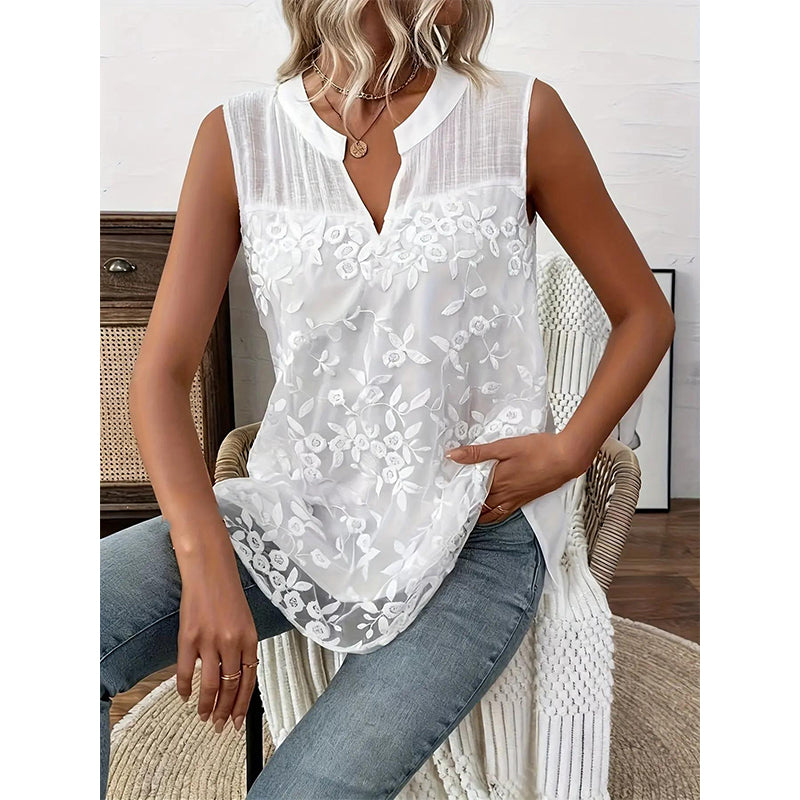 Cleo | Dames Blouse - Witte Bloemenprint met Kant, Mouwloos