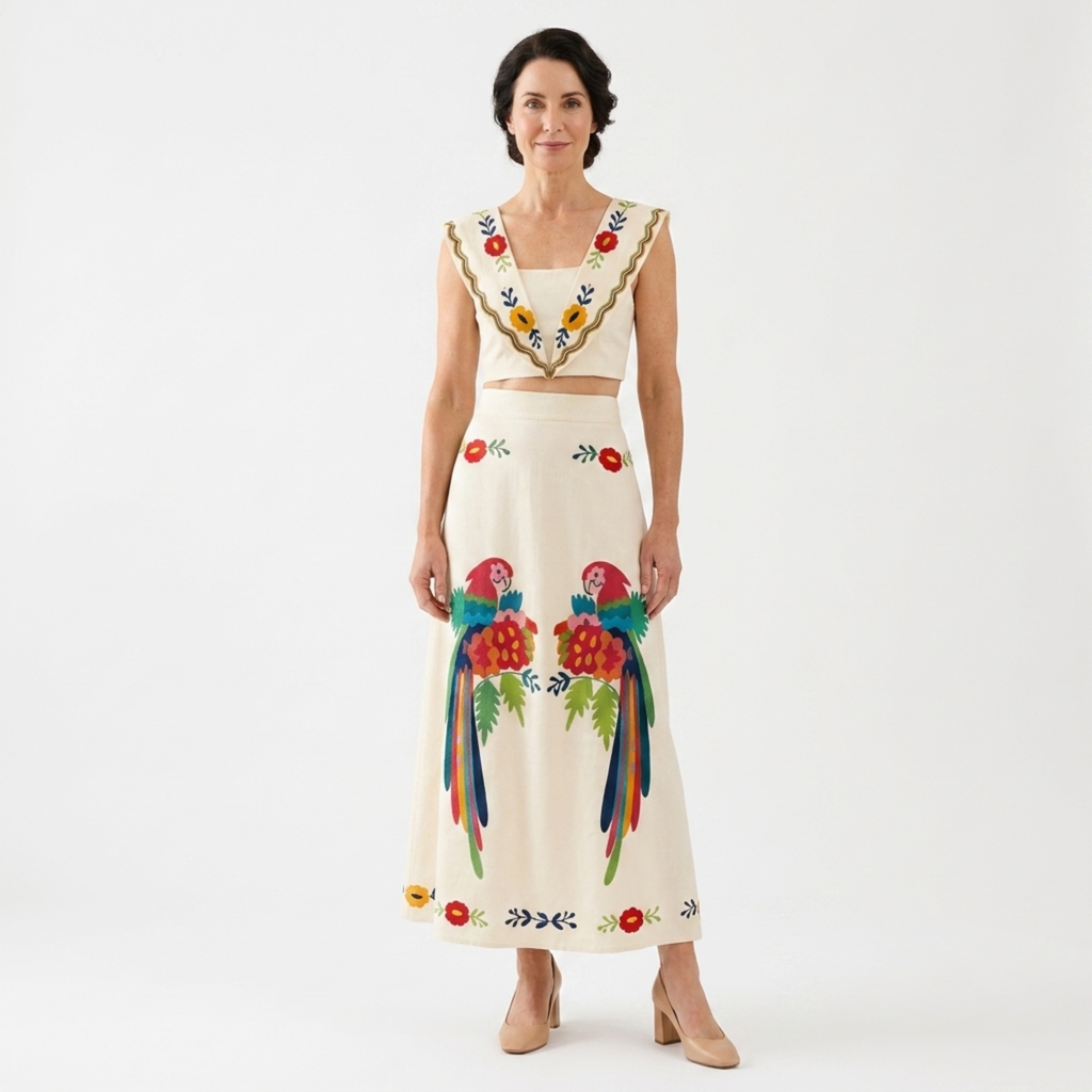 Crop top en lange rok set — tropische print — zomervakantie Beige