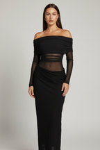 Zuri | Maxi Jurk Dames - Mesh Ruches Off-Shoulder Zwart