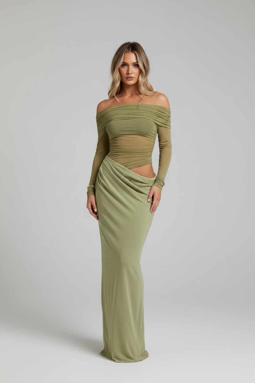 Zuri | Maxi Jurk Dames - Mesh Ruches Off-Shoulder Groen