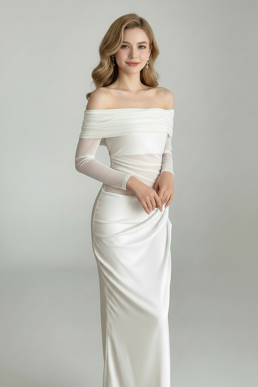 Zuri | Maxi Jurk Dames - Mesh Ruches Off-Shoulder Wit