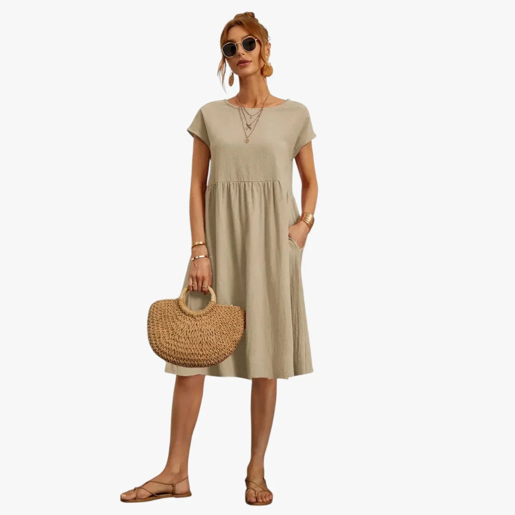 Amore | Dames Loszittende Midi Zomerjurk met Korte Mouwen en Zakken Kaki