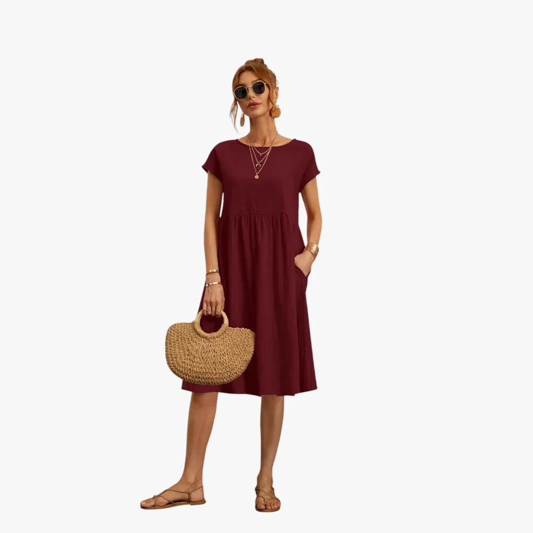 Amore | Dames Loszittende Midi Zomerjurk met Korte Mouwen en Zakken Bordeaux
