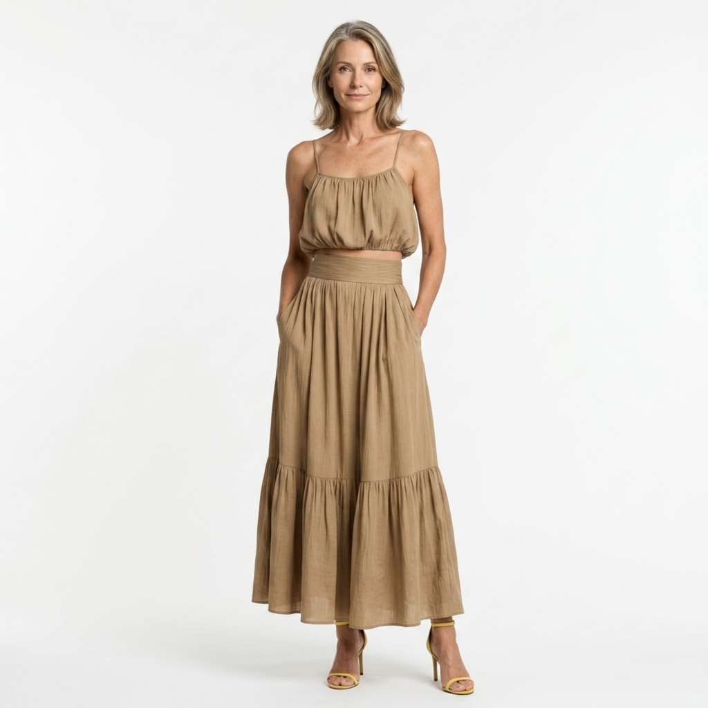 Dames crop top en lange rok set — zwierig silhouet — strand Khaki
