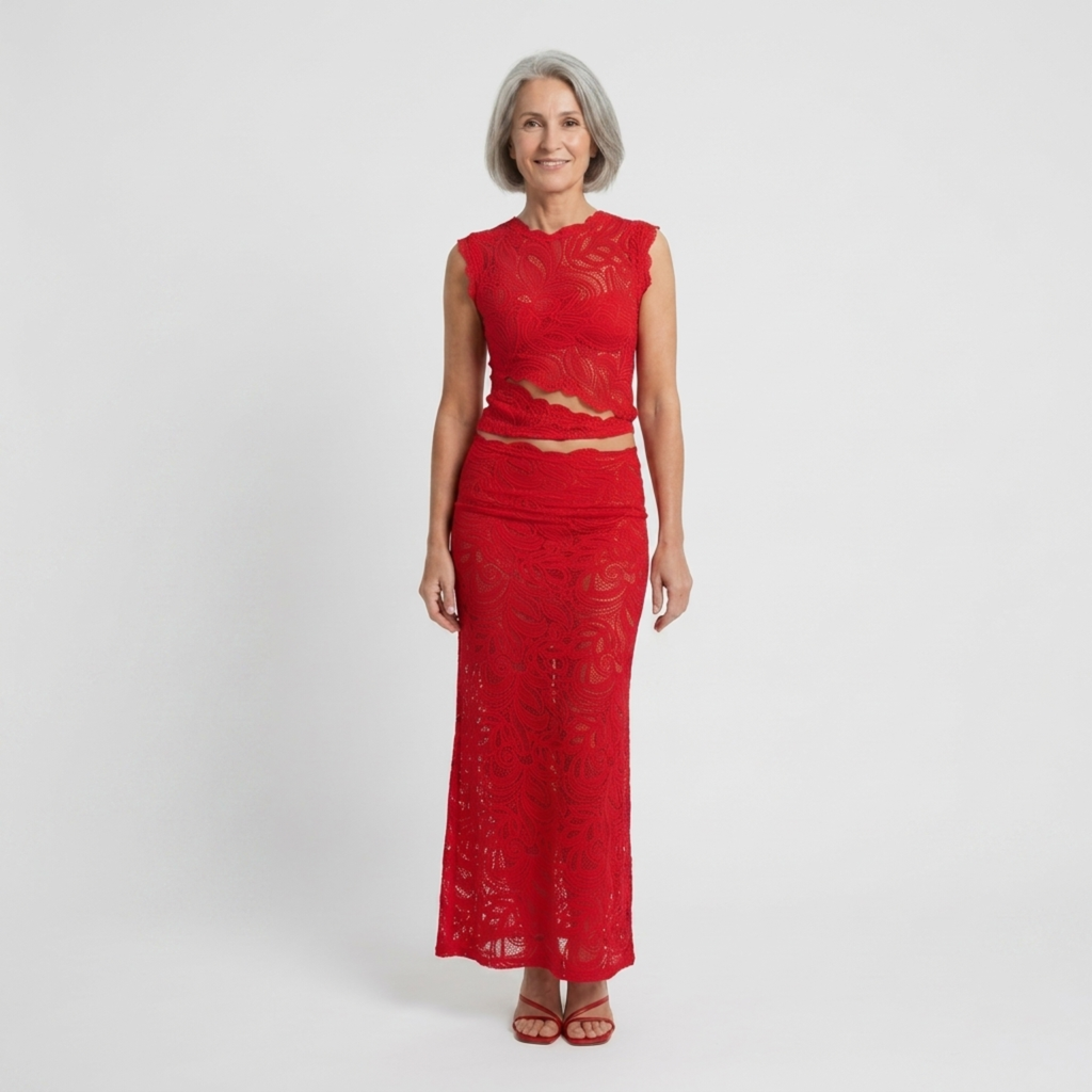 Dames crop top en zeemeerminnenrokje van kant — geschikt voor avond en feest Rood