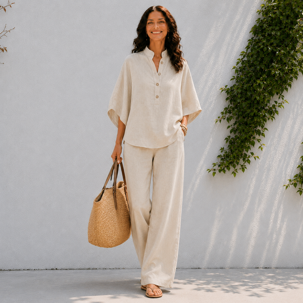 Dames tweedelig setje - oversized shirt en zomerbroek Beige