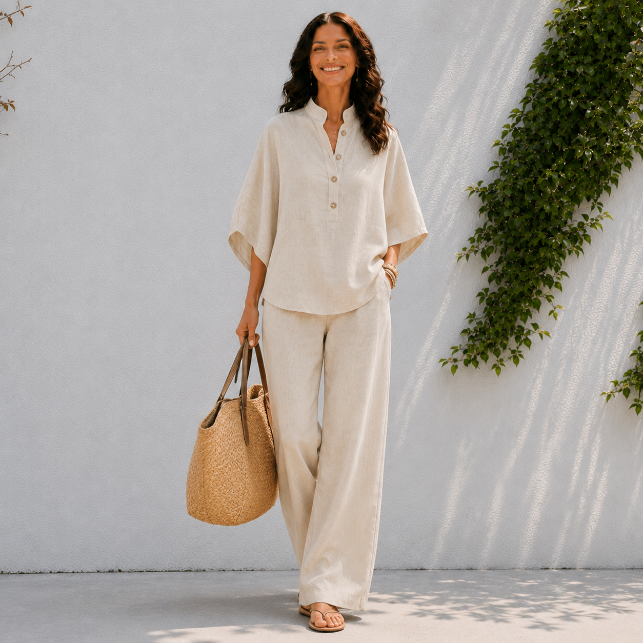 Dames tweedelig setje - oversized shirt en zomerbroek Beige