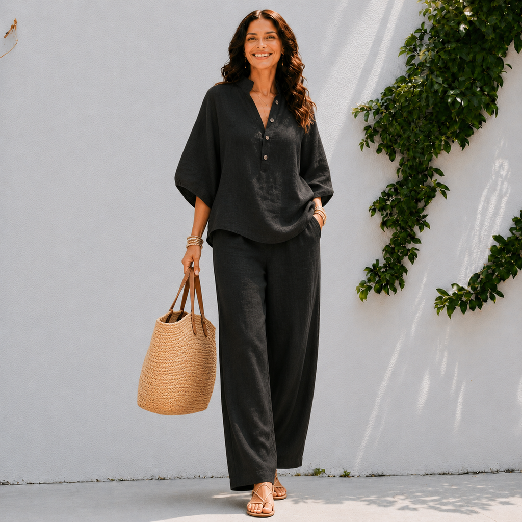Dames tweedelig setje - oversized shirt en zomerbroek Zwart
