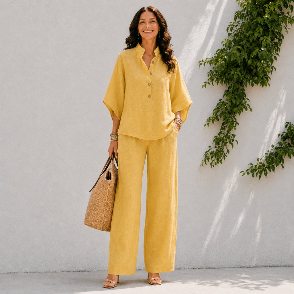 Dames tweedelig setje - oversized shirt en zomerbroek Geel