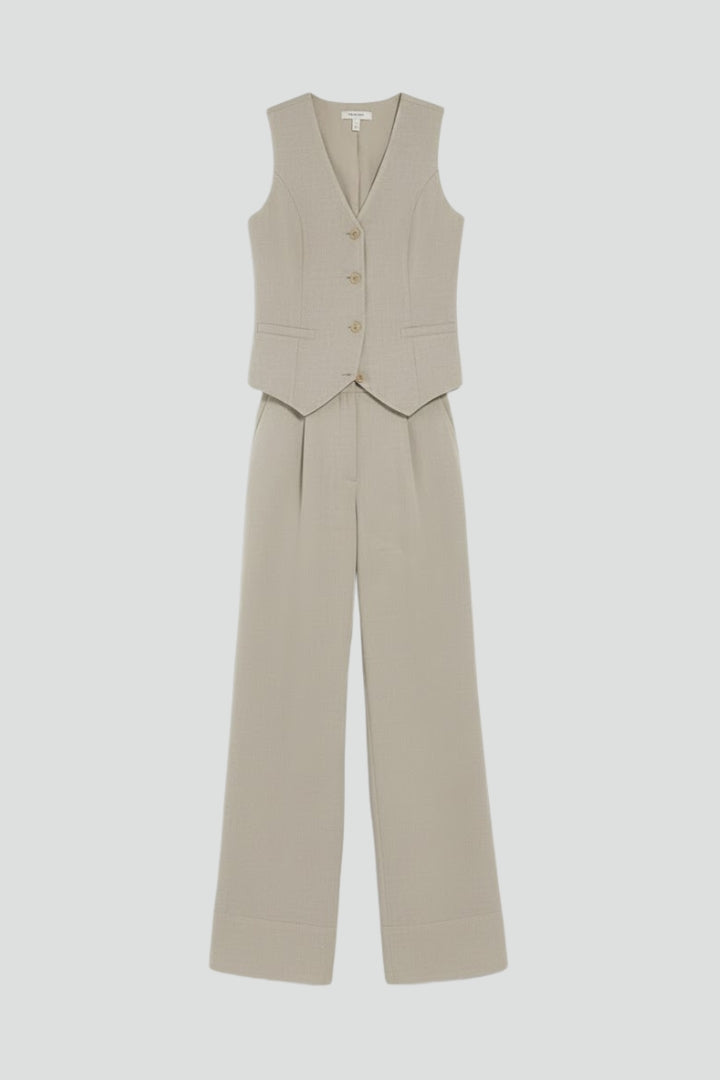 Dames tweedelige outfit — V-hals jasje en wijde rechte broek | alledaags