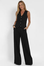 Dames tweedelige outfit — V-hals jasje en wijde rechte broek | alledaags Zwart