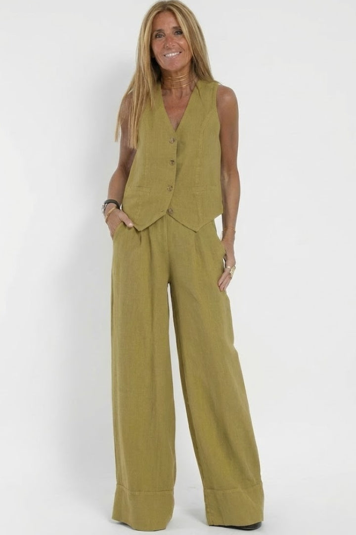 Dames tweedelige outfit — V-hals jasje en wijde rechte broek | alledaags Olijfgroen