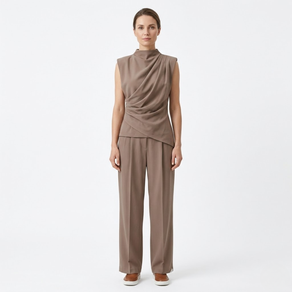 Dames tweedelige set met gedrapeerde mouwloze top en zwierige broek met wijde pijpen