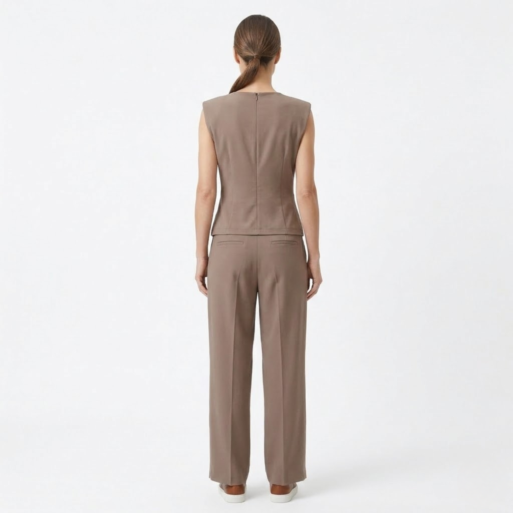 Dames tweedelige set met gedrapeerde mouwloze top en zwierige broek met wijde pijpen