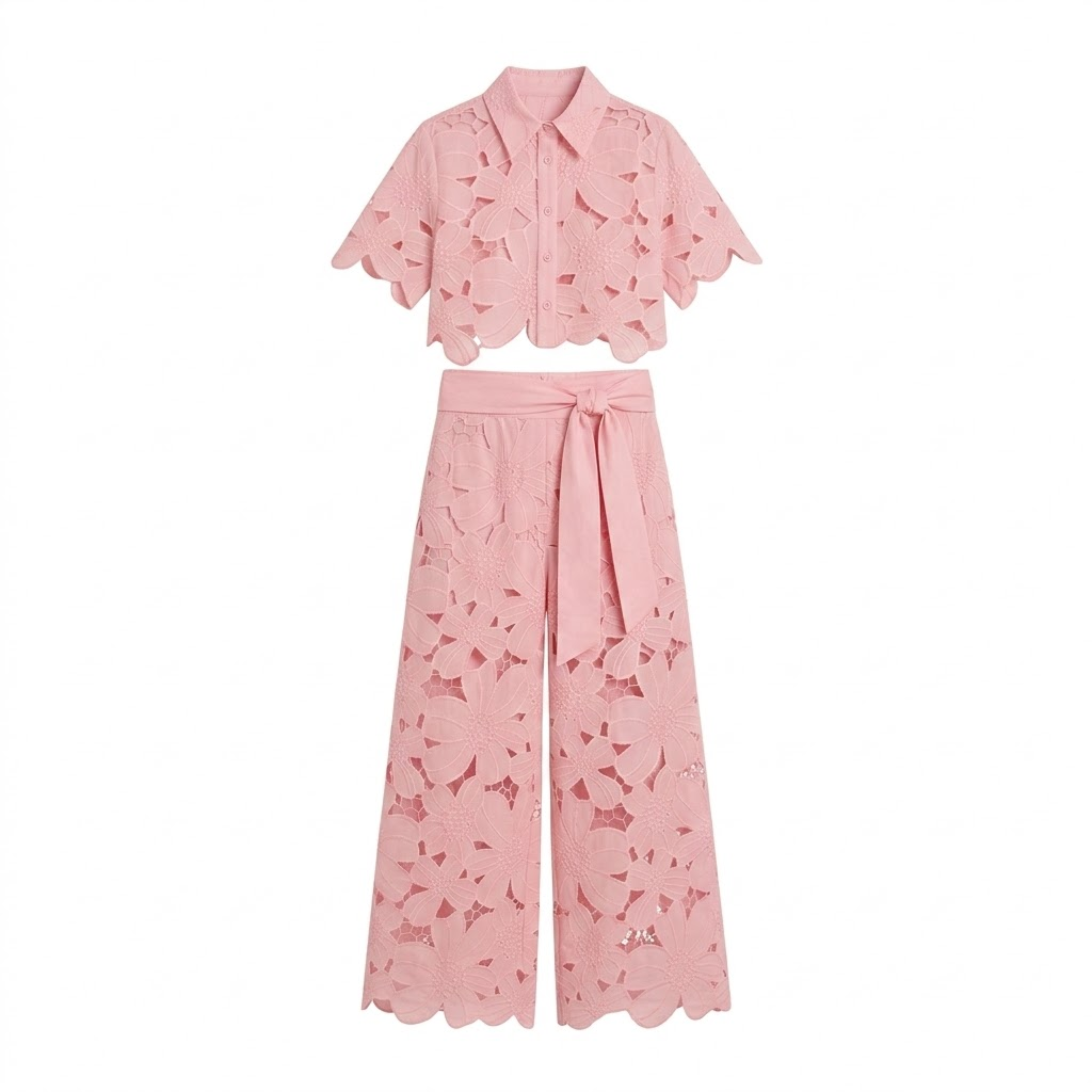 Dames tweedelige set met kanten crop top en wijde broek Roze