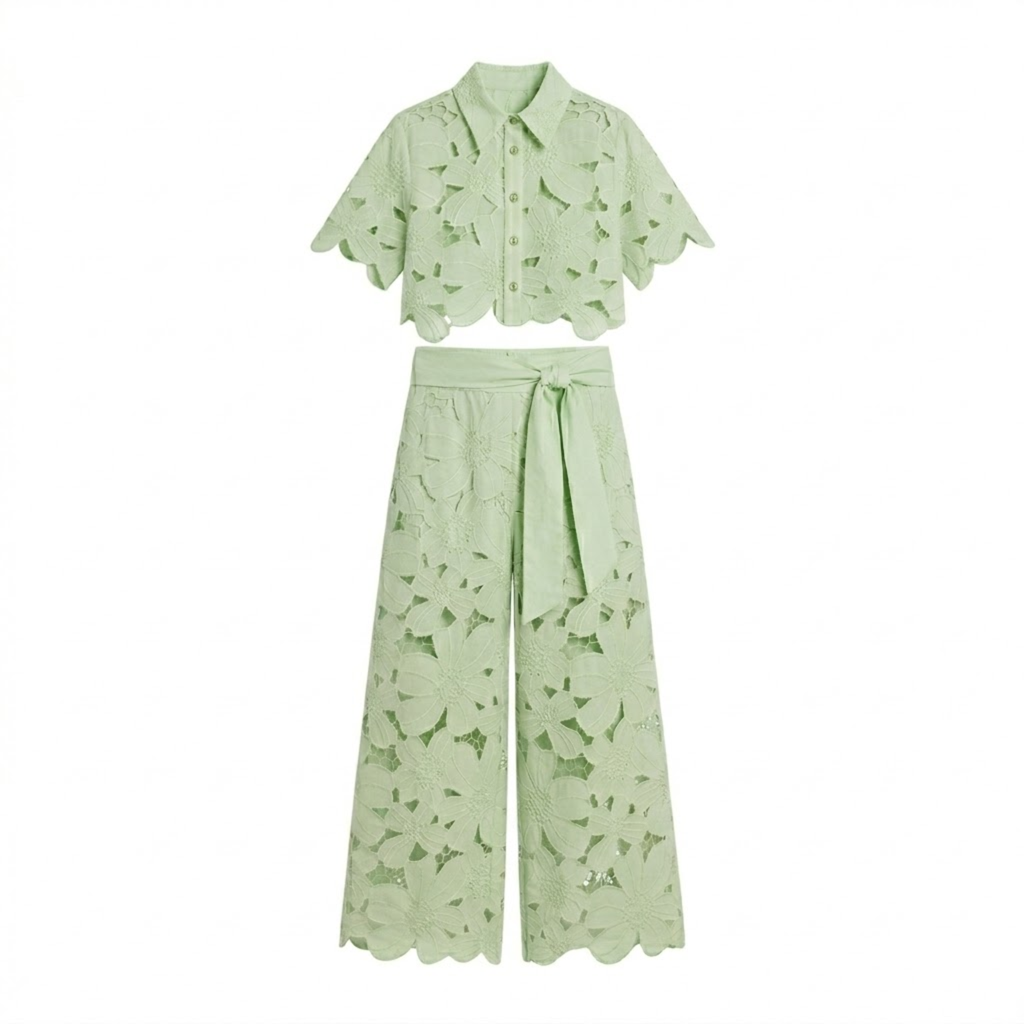 Dames tweedelige set met kanten crop top en wijde broek Groen